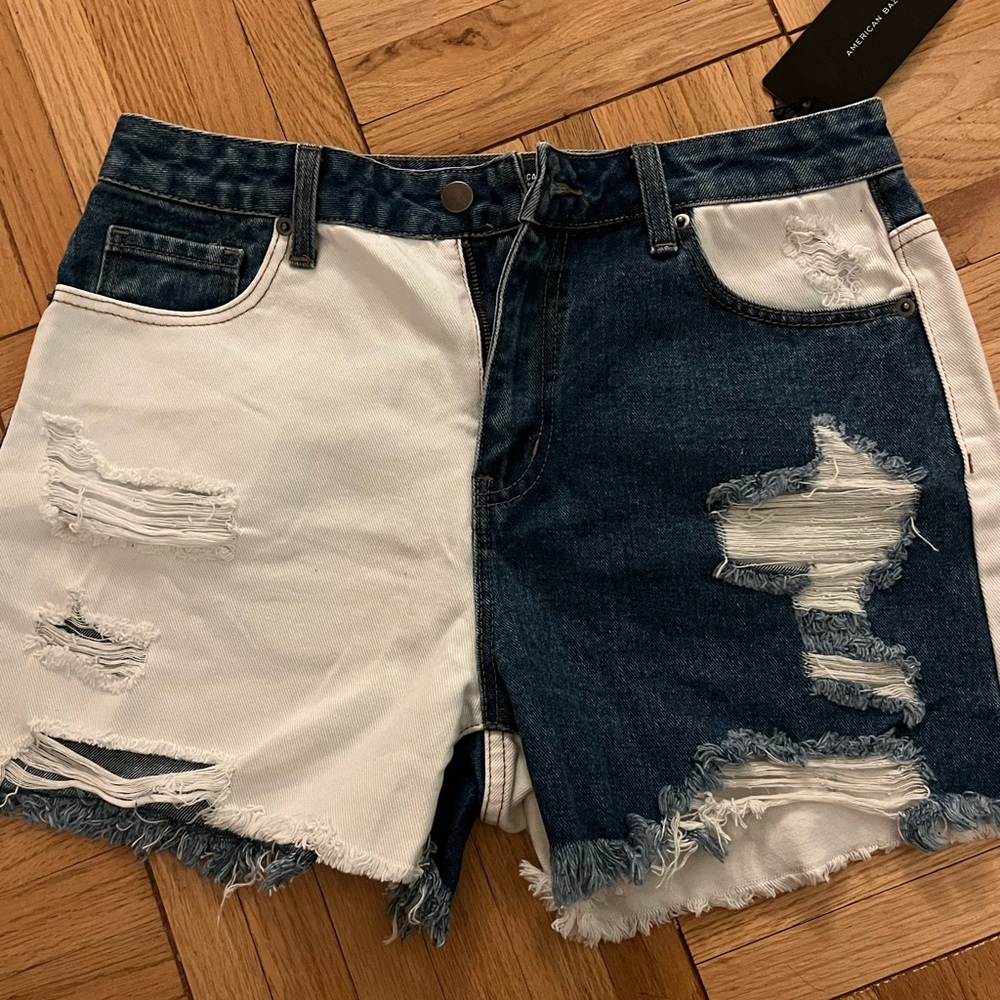 Two-Tone Distressed Denim Shorts